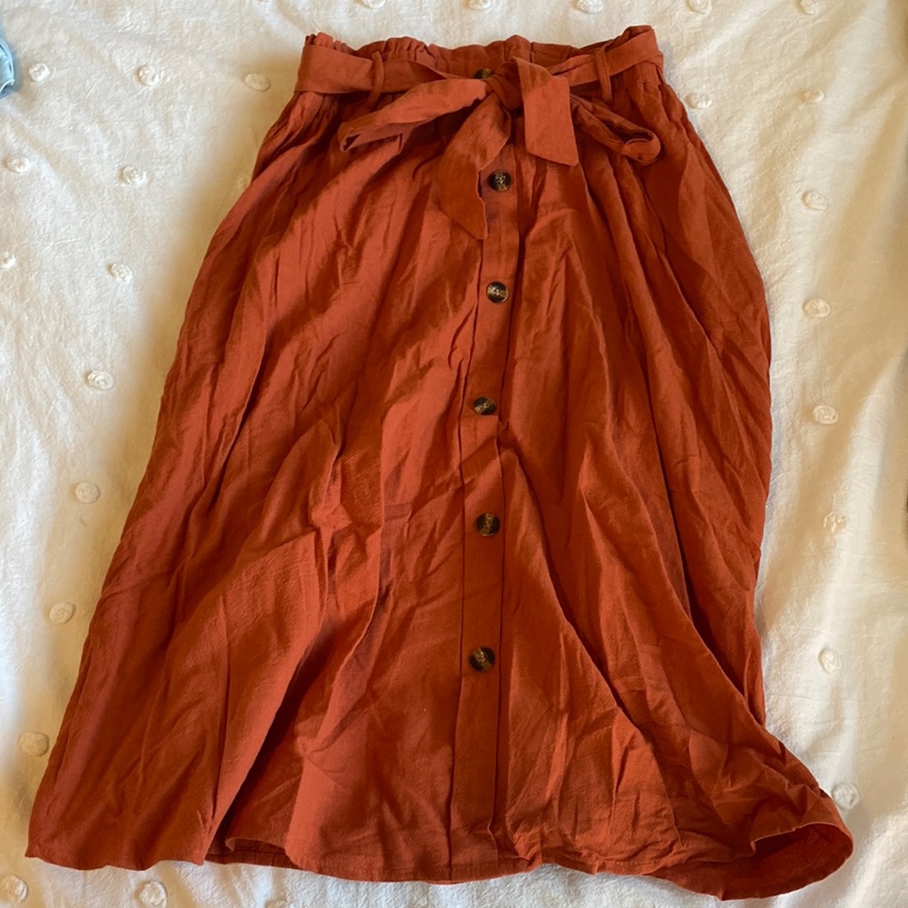 burnt orange skirt with elastic waist and tie